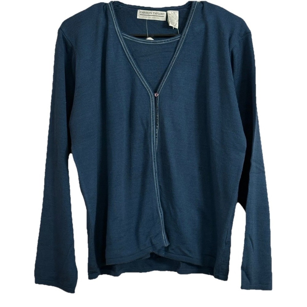 CAROLYN TAYLOR LARGE NAVY BLUE 1 BUTTON CARDIGAN SWEATER L BLOUSE TOP